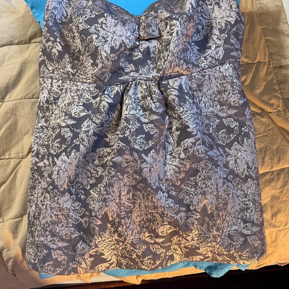 Lane Bryant Silver and Black Floral Brocade Strapless Top